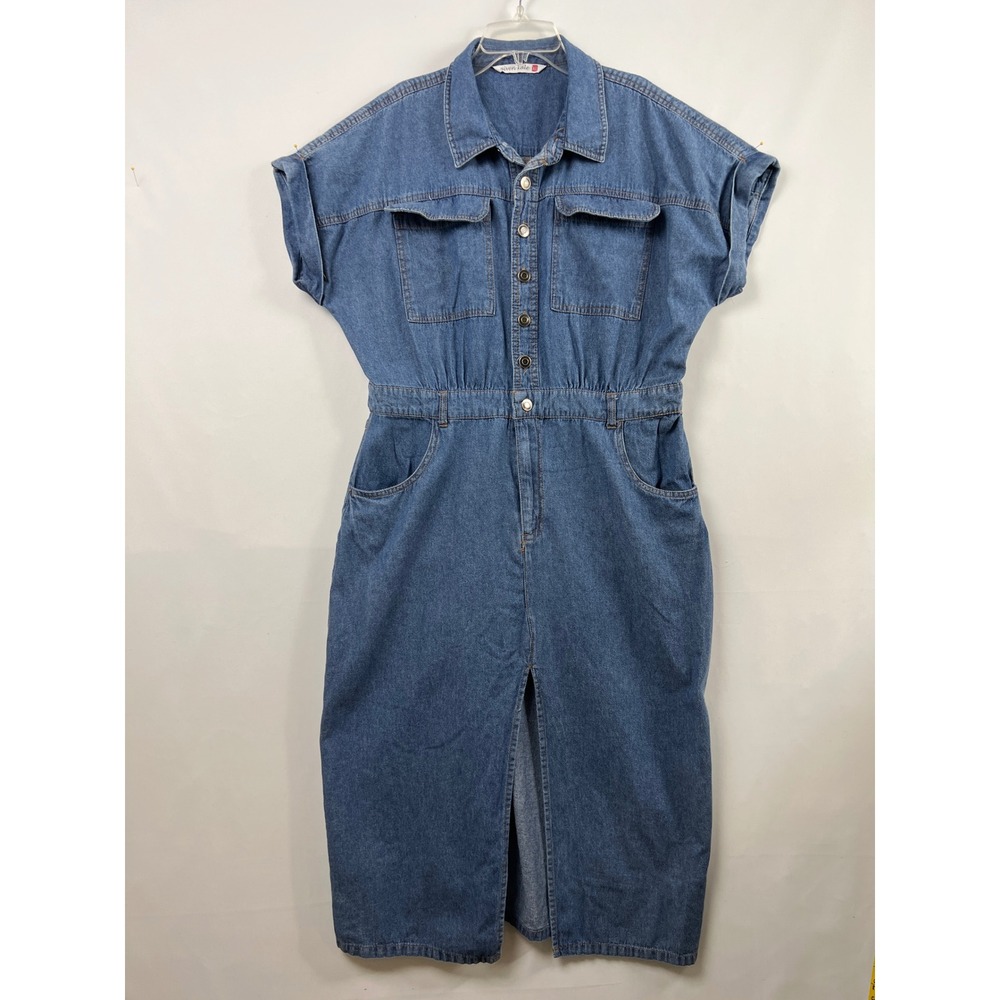 Given Kale Denim Dress Women XL Blue Short Sleeve Button Front Slit Maxi Western